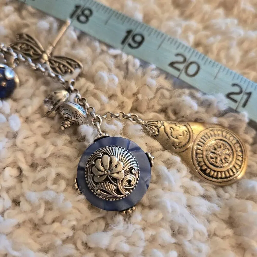 Chico's Long Charm Necklace Silver & Blue Stone
